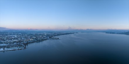 Aerial view of the town of Radolfzell on Lake Constance at blue hour