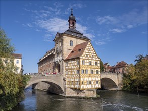 Famous building Old Town Hall with half-timbered house on the river Regnitz