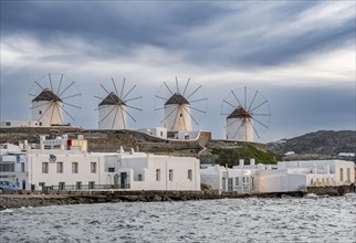 White Cycladic houses on the shore with windmills of Mykonos