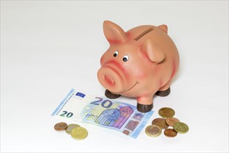 Pink piggy bank with euro note and coins