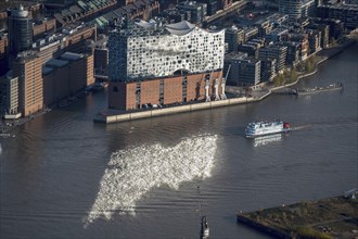 Aerial view of the Elbe Philharmonic Hall with reflection in the Elbe