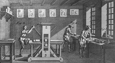 18th century printers working with Intaglio press for copper-plate