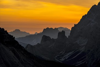 Mountain ranges at sunset in the Sexten Dolomites