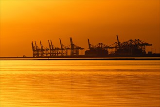 Gantry cranes at container terminal in the seaport of Le Havre silhouetted against sunset