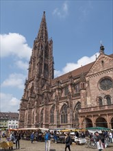 Catholic city parish church Freiburger Muenster with stalls next to it