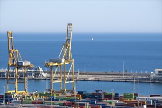View from above of the industrial cargo port of Barcelona in Catalonia Spain