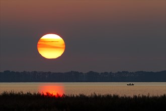 Fishermen in rowing-boat on lake at sunset