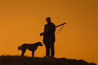 Hunter with hunting rifle and Weimaraner dog silhouetted against evening sky