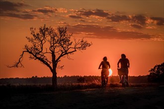 Young couple cycling in the countryside at dusk