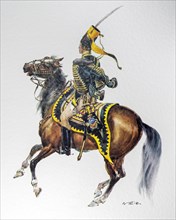 Swedish officer on horseback in uniform of the 1837 Hussar regiment "Kronprinz"