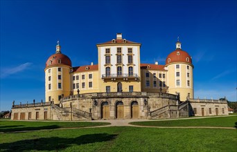 Panorama photo Hunting and Baroque Castle Moritzburg in the middle of Castle Pond Lake