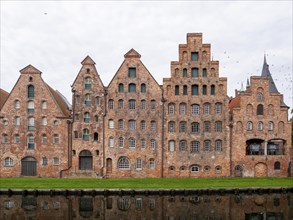 Situated group of brick salt storage halls on the river Trave