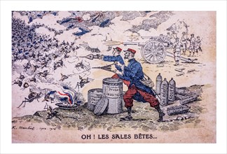 Vintage WWI cartoon showing French First World War One soldiers fighting Germans depicted as bugs