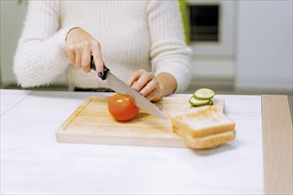 Unrecognizable person cooking a vegetable sandwich at home. cutting tomato slices
