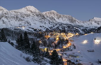 Ski resort Obertauern at dusk with lights