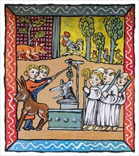 Medieval illustration of the Reynard the Fox fable showing the wolf Isengrim