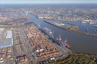 Aerial view of the Container Terminal Altenwerder behind it the city centre of Hamburg