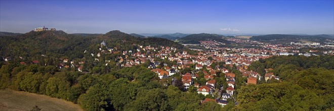 Panoramic view of Eisenach with the Thuringian Forest and Wartburg Castle from the Goepelskuppe