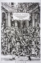 Frontispiece to De Fabrica Corporis Humani showing dissection on human body in auditorium by Belgian anatomist Andreas Vesalius
