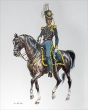 Officer on horseback in 1836 uniform of the United States Regiment of Dragoons