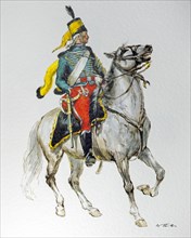 Hussar guide on horseback in uniform of the 1797 German army in the French Republic
