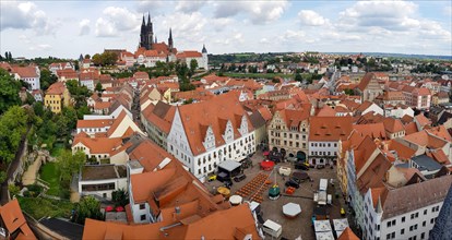 Panorama of the city centre with market square and town hall Meissen and on the castle hill Albrechtsburg and cathedral of Meissen