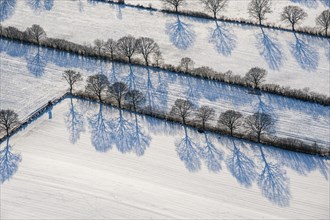 Aerial view of an artic landscape in Schleswig-Holstein with snow