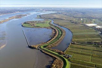 Aerial view of the Borsteler Binnenelbe runs parallel to the Elbe for about four kilometres behind the main dike and has two accesses to the Elbe protected by sieve structures