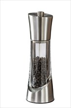 Stainless steel and glass pepper mill isolated on a white background