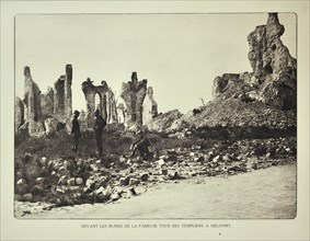 Soldiers in front the Templars Tower in ruins after bombardment at Nieuwpoort in Flanders during the First World War