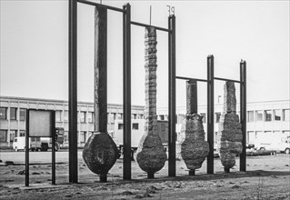 Archival photo showing samples of different expanded base cast-in-situ concrete Franki piles