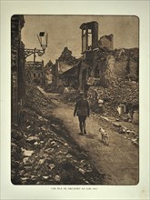 Soldier with dog in the ruined city of Nieuwpoort after bombardment in Flanders during the First World War