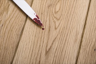 Bloodstained knife on a wooden floor