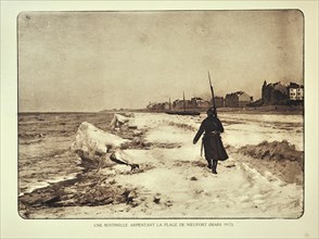 Soldier on patrol along the beach in winter at Nieuwpoort in Flanders during the First World War