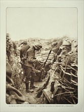 Soldier with rifle equipped for launching grenades in trench at Diksmuide in Flanders during the First World War