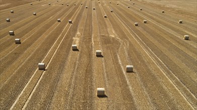 Aerial view of straw bales on a harvested wheat field