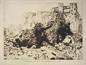 Soldiers in ruined house throwing hand grenades in Flanders during the First World War