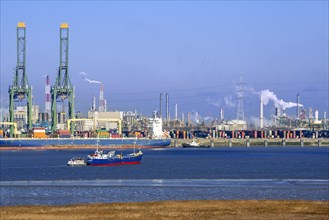 Harbor cranes and container ship docked in the Antwerp harbour