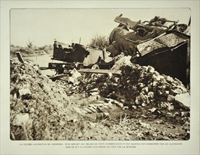 Destroyed locomotive after bombardment at Kaaskerke in Flanders during the First World War