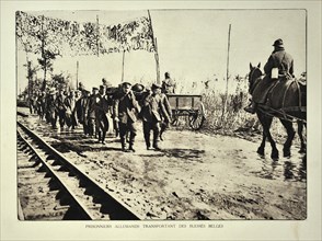 German prisoners evacuating wounded Belgian soldiers on stretchers in Flanders during the First World War