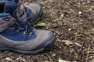 Pair of walking boots on a woodland floor background