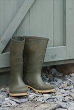 Pair of green wellington boots outside a garden shed