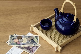 Japanese tea pot on bamboo tray