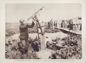 Soldiers in trench armed with anti-aircraft guns in Flanders during the First World War