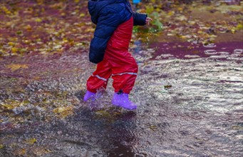 Boy in wellies and rain pants walking on a puddle on a rainy day