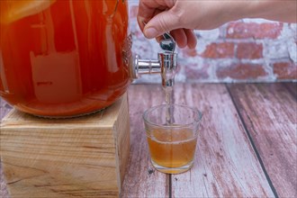 Woman's hand opening the tap of a bottle of home-made fermented kombucha tea