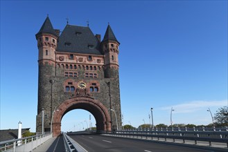 Historical cultural monument tower landmark called Nibelungenbruecke or Nibelungentor on bridge in city Worms in Germany