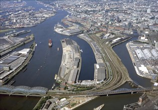 Historical aerial view from the year 2000 of Hamburg's free port which is becoming the Hafencity