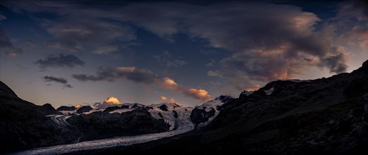 Morteratsch glacier in Bernina group with dramatic clouds