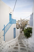 Cycladic white houses with blue shutters